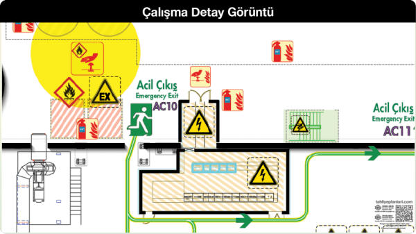 ISO 23601 Acil Durum ve Yangın Tahliye Planı,
Tahliye Krokisi,
Acil Durum Müdahale Prosedürleri Panosu,
ISO 7010 Uyarı Levhaları ve 16069 Acil Durum Yönlendirmeleri,
ISO 7010 Safety Signs; 16069 Emergency Way Guidance,