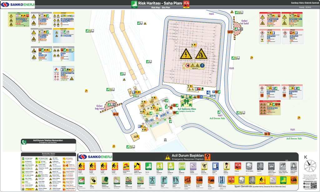 Şalt Sahası ve Santral Binası Risk Haritası
HES ISO 23601 Acil Durum ve Yangın Tahliye Planı,
Acil Durum Eylem Planı,
Tahliye Krokisi,
Animated Risk Haritası