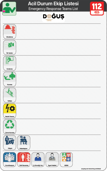 ISO 23601 Acil Durum ve Yangın Tahliye Planı,
Tahliye Krokisi,
Acil Durum Müdahale Prosedürleri Panosu,
ISO 7010 Uyarı Levhaları ve 16069 Acil Durum Yönlendirmeleri,
ISO 7010 Safety Signs; 16069 Emergency Way Guidance,