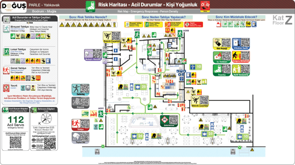 ISO 23601 Acil Durum ve Yangın Tahliye Planı,
Tahliye Krokisi,
Acil Durum Müdahale Prosedürleri Panosu,
ISO 7010 Uyarı Levhaları ve 16069 Acil Durum Yönlendirmeleri,
ISO 7010 Safety Signs; 16069 Emergency Way Guidance,
