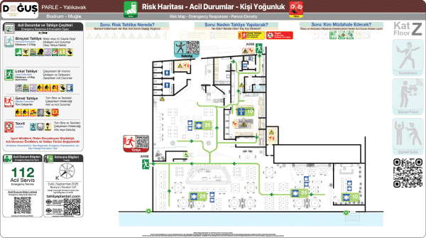 ISO 23601 Acil Durum ve Yangın Tahliye Planı,
Tahliye Krokisi,
Acil Durum Müdahale Prosedürleri Panosu,
ISO 7010 Uyarı Levhaları ve 16069 Acil Durum Yönlendirmeleri,
ISO 7010 Safety Signs; 16069 Emergency Way Guidance,
