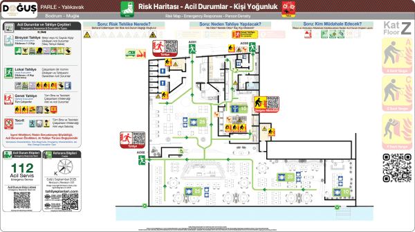 ISO 23601 Acil Durum ve Yangın Tahliye Planı,
Tahliye Krokisi,
Acil Durum Müdahale Prosedürleri Panosu,
ISO 7010 Uyarı Levhaları ve 16069 Acil Durum Yönlendirmeleri,
ISO 7010 Safety Signs; 16069 Emergency Way Guidance,
