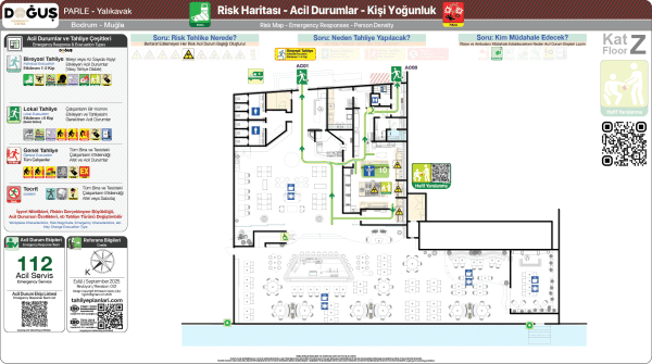 ISO 23601 Acil Durum ve Yangın Tahliye Planı,
Tahliye Krokisi,
Acil Durum Müdahale Prosedürleri Panosu,
ISO 7010 Uyarı Levhaları ve 16069 Acil Durum Yönlendirmeleri,
ISO 7010 Safety Signs; 16069 Emergency Way Guidance,