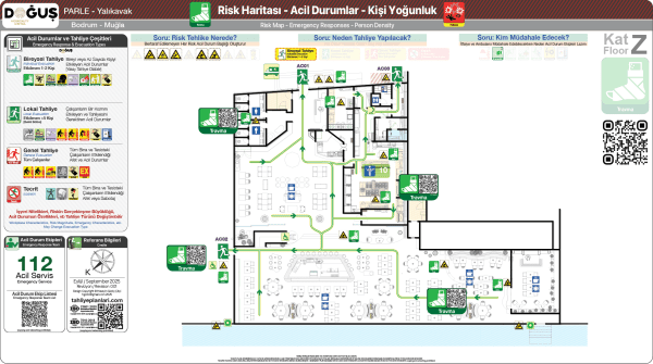 ISO 23601 Acil Durum ve Yangın Tahliye Planı,
Tahliye Krokisi,
Acil Durum Müdahale Prosedürleri Panosu,
ISO 7010 Uyarı Levhaları ve 16069 Acil Durum Yönlendirmeleri,
ISO 7010 Safety Signs; 16069 Emergency Way Guidance,