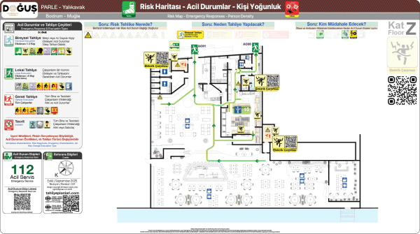 ISO 23601 Acil Durum ve Yangın Tahliye Planı,
Tahliye Krokisi,
Acil Durum Müdahale Prosedürleri Panosu,
ISO 7010 Uyarı Levhaları ve 16069 Acil Durum Yönlendirmeleri,
ISO 7010 Safety Signs; 16069 Emergency Way Guidance,