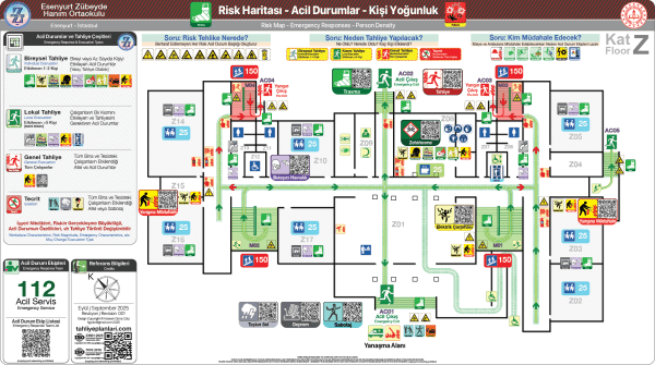 ISO 23601 Acil Durum ve Yangın Tahliye Planı,
Tahliye Krokisi,
Acil Durum Müdahale Prosedürleri Panosu,
ISO 7010 Uyarı Levhaları ve 16069 Acil Durum Yönlendirmeleri,
ISO 7010 Safety Signs; 16069 Emergency Way Guidance,