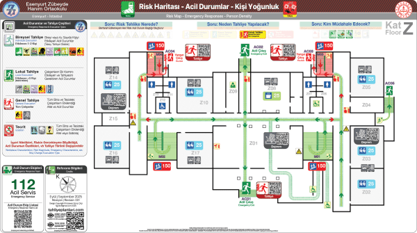 ISO 23601 Acil Durum ve Yangın Tahliye Planı,
Tahliye Krokisi,
Acil Durum Müdahale Prosedürleri Panosu,
ISO 7010 Uyarı Levhaları ve 16069 Acil Durum Yönlendirmeleri,
ISO 7010 Safety Signs; 16069 Emergency Way Guidance,
