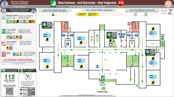 ISO 23601 Acil Durum ve Yangın Tahliye Planı,
Tahliye Krokisi,
Acil Durum Müdahale Prosedürleri Panosu,
ISO 7010 Uyarı Levhaları ve 16069 Acil Durum Yönlendirmeleri,
ISO 7010 Safety Signs; 16069 Emergency Way Guidance,