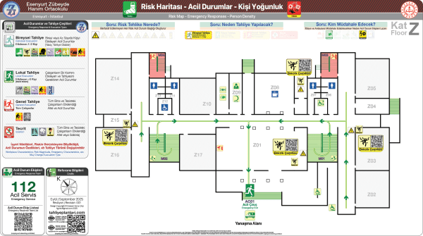 ISO 23601 Acil Durum ve Yangın Tahliye Planı,
Tahliye Krokisi,
Acil Durum Müdahale Prosedürleri Panosu,
ISO 7010 Uyarı Levhaları ve 16069 Acil Durum Yönlendirmeleri,
ISO 7010 Safety Signs; 16069 Emergency Way Guidance,
