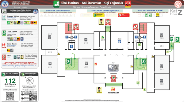 ISO 23601 Acil Durum ve Yangın Tahliye Planı,
Tahliye Krokisi,
Acil Durum Müdahale Prosedürleri Panosu,
ISO 7010 Uyarı Levhaları ve 16069 Acil Durum Yönlendirmeleri,
ISO 7010 Safety Signs; 16069 Emergency Way Guidance,