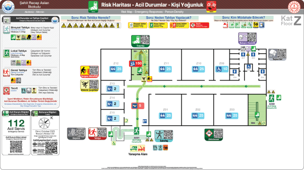 ISO 23601 Acil Durum ve Yangın Tahliye Planı,
Tahliye Krokisi,
Acil Durum Müdahale Prosedürleri Panosu,
ISO 7010 Uyarı Levhaları ve 16069 Acil Durum Yönlendirmeleri,
ISO 7010 Safety Signs; 16069 Emergency Way Guidance,