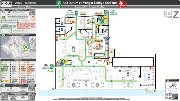 ISO 23601 Acil Durum ve Yangın Tahliye Planı,
Tahliye Krokisi,
Acil Durum Müdahale Prosedürleri Panosu,
ISO 7010 Uyarı Levhaları ve 16069 Acil Durum Yönlendirmeleri,
ISO 7010 Safety Signs; 16069 Emergency Way Guidance,