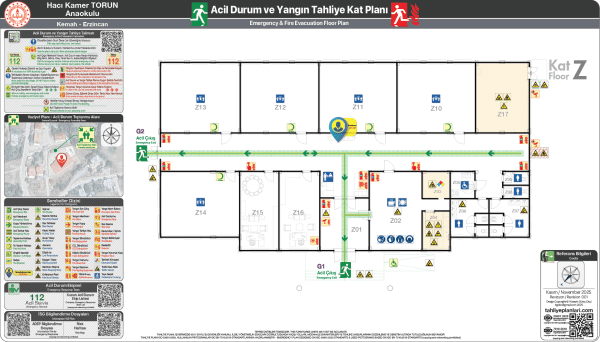 ISO 23601 Acil Durum ve Yangın Tahliye Planı,
Tahliye Krokisi,
Acil Durum Müdahale Prosedürleri Panosu,
ISO 7010 Uyarı Levhaları ve 16069 Acil Durum Yönlendirmeleri,
ISO 7010 Safety Signs; 16069 Emergency Way Guidance,