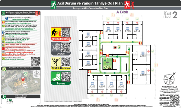 Orduevi Oda kapı Arkası ISO 23601 Acil Durum ve Yangın Tahliye Planı